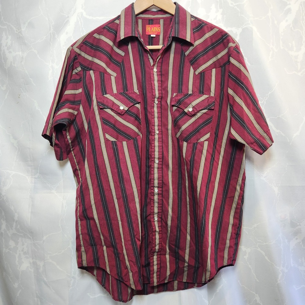 Ely Plains Pearl Snap‎ Western Shirt Men's L Short Sleeve Red Striped Pockets